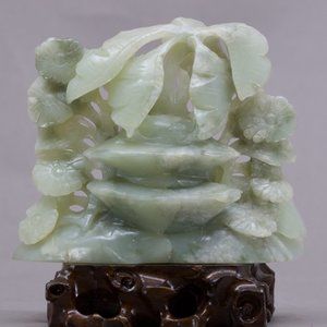 Chinese Green Hetian Jade Statue w Flower Chrysanthemum Blossom